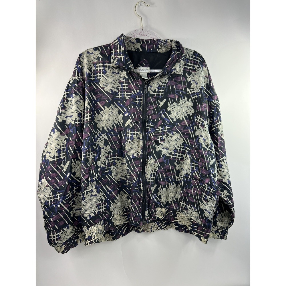 Bogari Lightweight Silk Jacket Women's Sz L Purple Multi Full Zip Elastic Wrists
